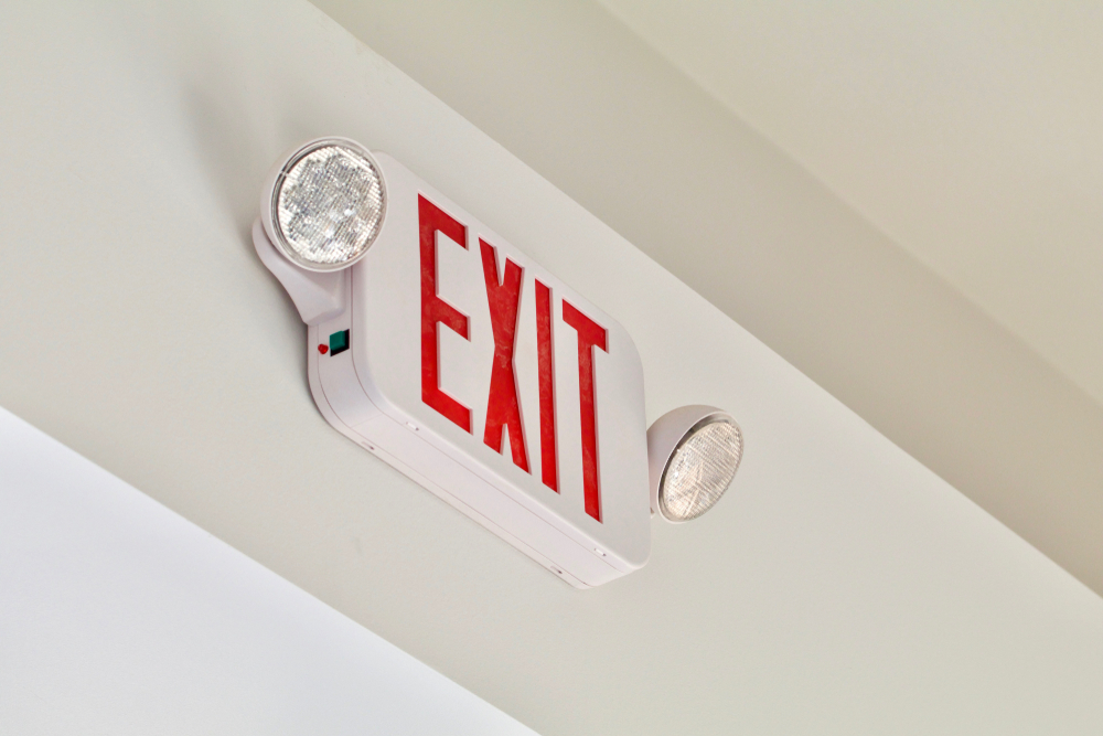 A,Red,Exit,Sign,With,Emergency,Lights,Shows,Above,A