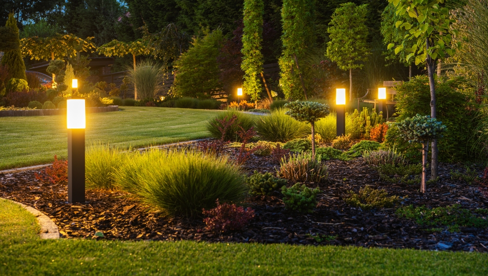 Panoramic,Photo,Of,Led,Light,Posts,Illuminated,Backyard,Garden,During