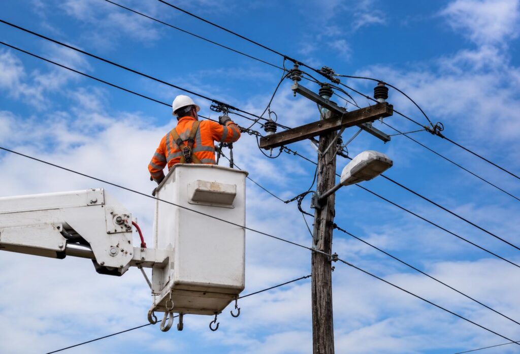 Utility worker in a bucket lift repairing overhead electrical lines and equipment on a wooden utility pole.
