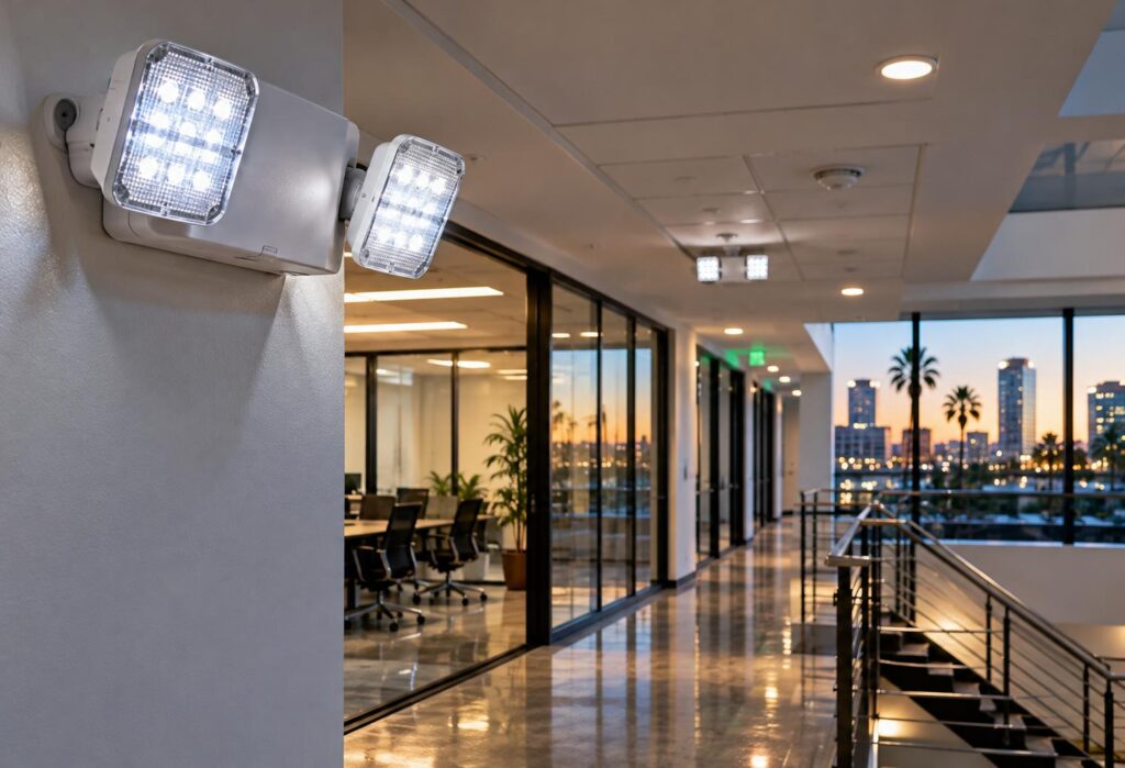 LED emergency lighting fixtures illuminating a modern commercial office hallway in San Diego, CA, providing reliable visibility and improved safety during power outages.