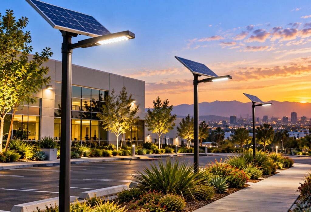 Solar-powered LED parking lot lights illuminating a modern commercial property in San Diego at sunset, showcasing energy-efficient outdoor lighting for businesses.